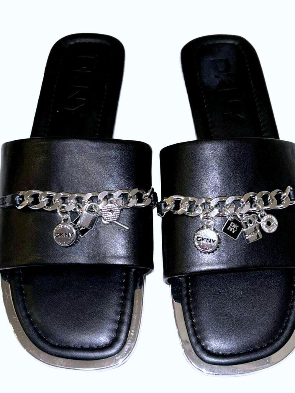 DKNY Holden Charm Flat Sliders Sandal "Black" Women's 6.5M | NEW